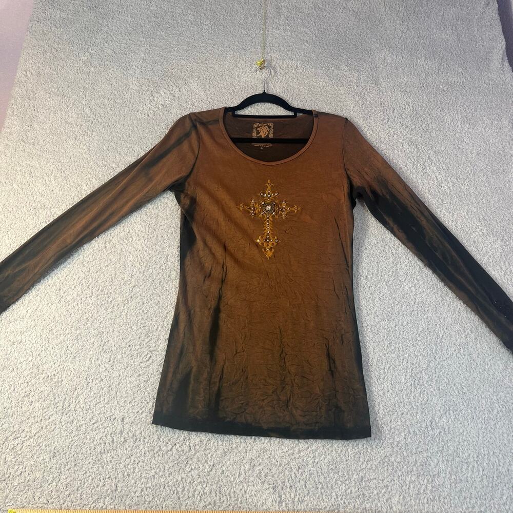 Velvet stone brown acid wash long sleeve shirt with cross on front womens size L